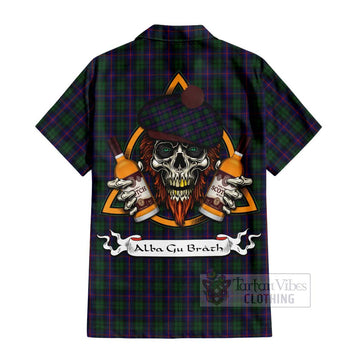 Tartan Vibes Clothing Urquhart Tartan Short Sleeve Button Shirt with Family Crest and Bearded Skull Holding Bottles of Whiskey