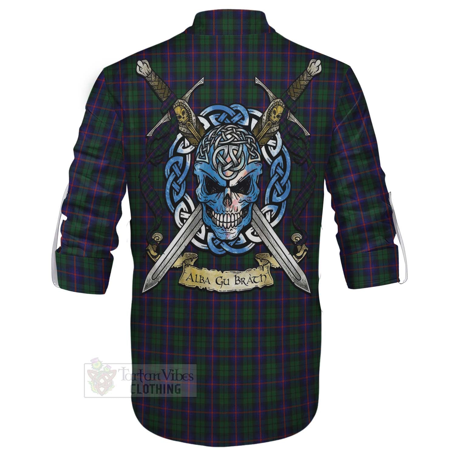 Tartan Vibes Clothing Urquhart Tartan Ghillie Kilt Shirt with Family Crest Celtic Skull Style