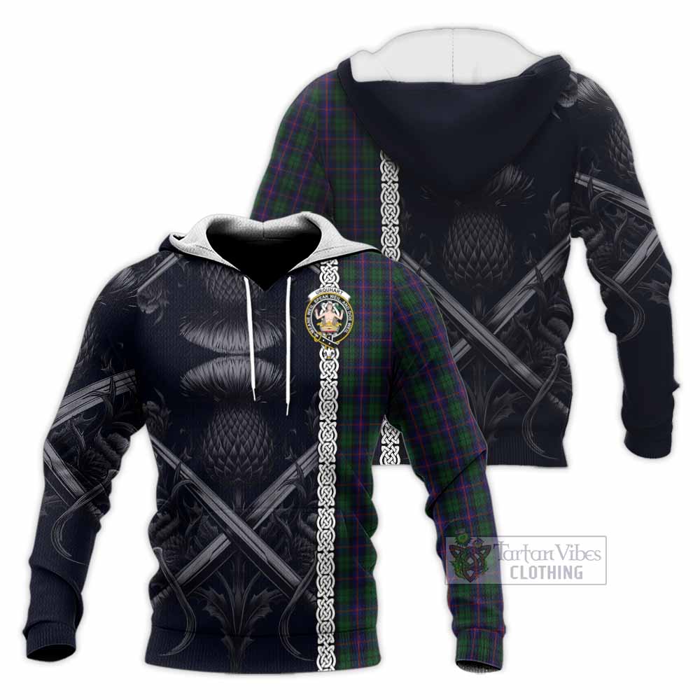 Tartan Vibes Clothing Urquhart Tartan Knitted Hoodie with Family Crest Cross Sword Thistle Celtic Vibes