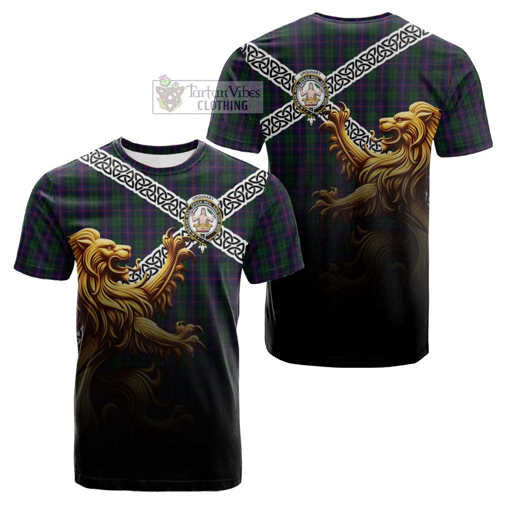 Tartan Vibes Clothing Urquhart Crest Tartan Cotton T-shirt with Golden Lion Emblem Celtic Style