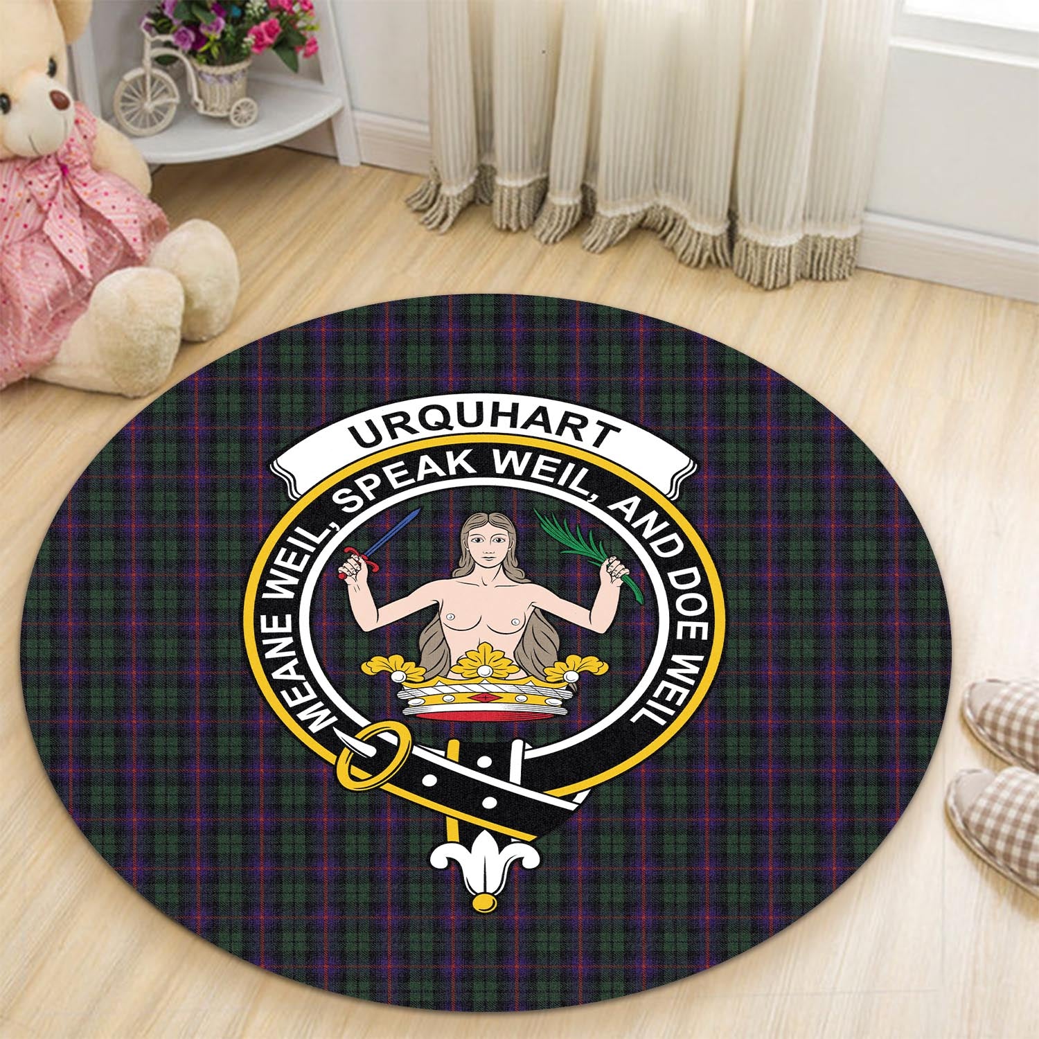 urquhart-tartan-round-rug-with-family-crest