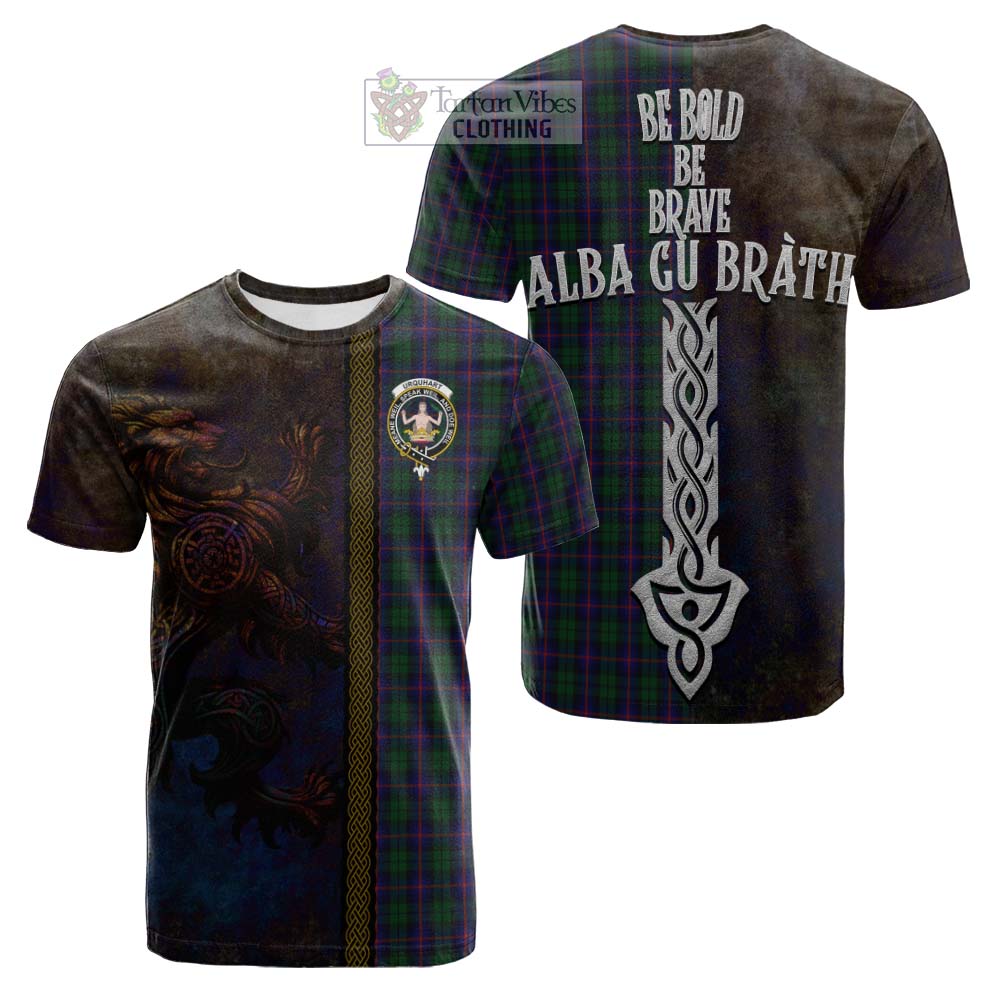 Tartan Vibes Clothing Urquhart Tartan Family Crest Cotton T-shirt Alba Gu Brath Be Brave Lion Ancient Style