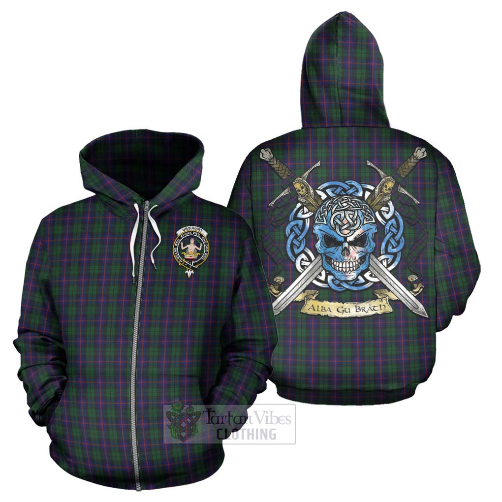 Tartan Vibes Clothing Urquhart Tartan Hoodie with Family Crest Celtic Skull Style