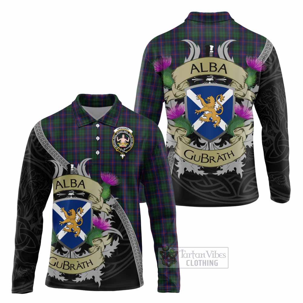 Tartan Vibes Clothing Urquhart Tartan Family Crest Long Sleeve Polo Shirt Lion Rampant Royal Thistle Shield Celtic Inspired