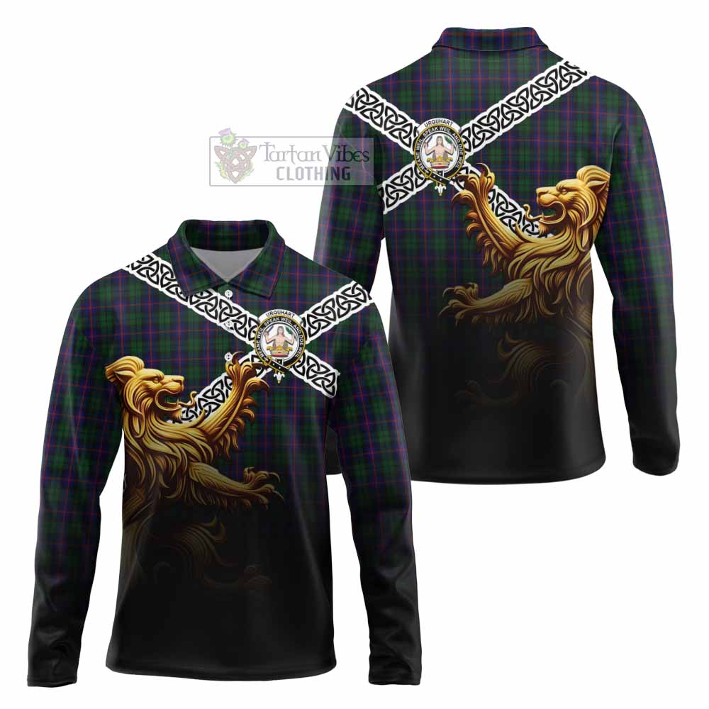 Tartan Vibes Clothing Urquhart Crest Tartan Long Sleeve Polo Shirt with Golden Lion Emblem Celtic Style