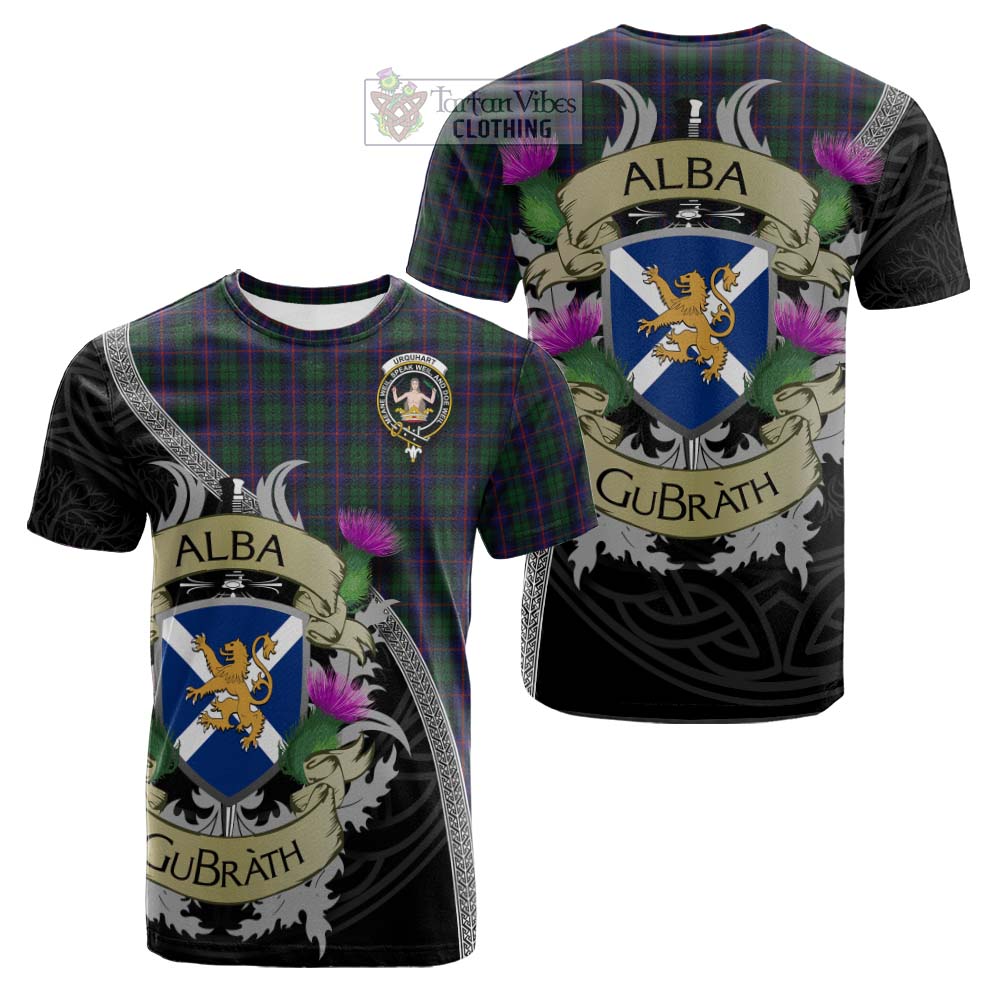 Tartan Vibes Clothing Urquhart Tartan Family Crest Cotton T-shirt Lion Rampant Royal Thistle Shield Celtic Inspired