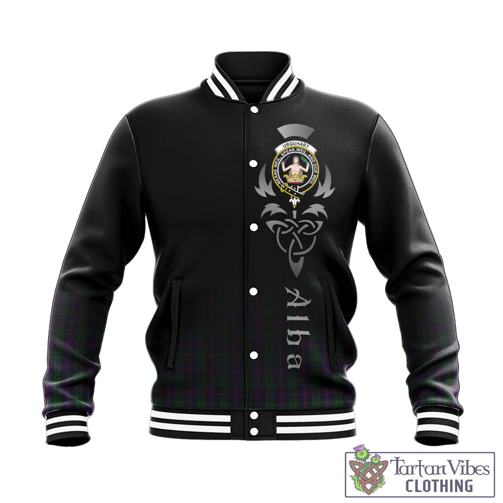 Tartan Vibes Clothing Urquhart Tartan Baseball Jacket Featuring Alba Gu Brath Family Crest Celtic Inspired