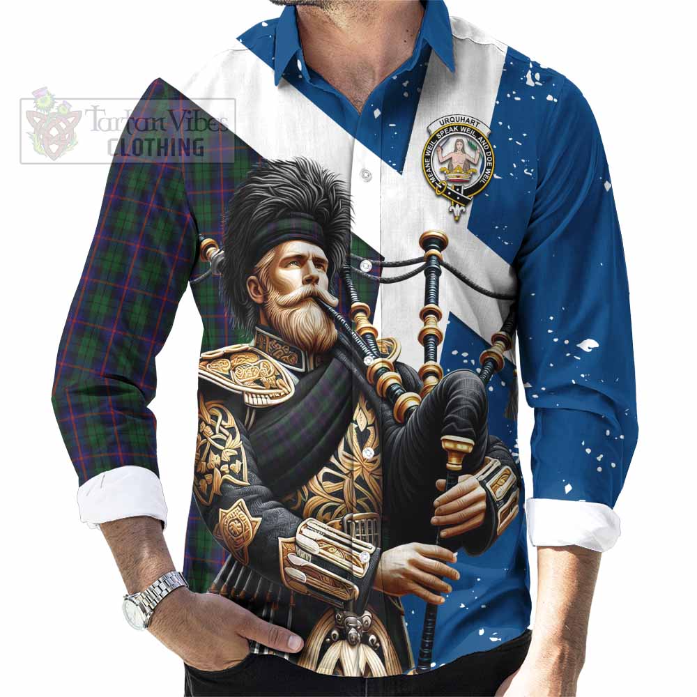 Tartan Vibes Clothing Urquhart Tartan Long Sleeve Button Shirt with Family Crest Scottish Bagpiper Vibes