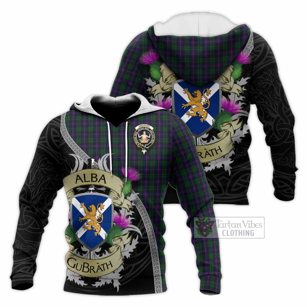 Tartan Vibes Clothing Urquhart Tartan Family Crest Knitted Hoodie Lion Rampant Royal Thistle Shield Celtic Inspired