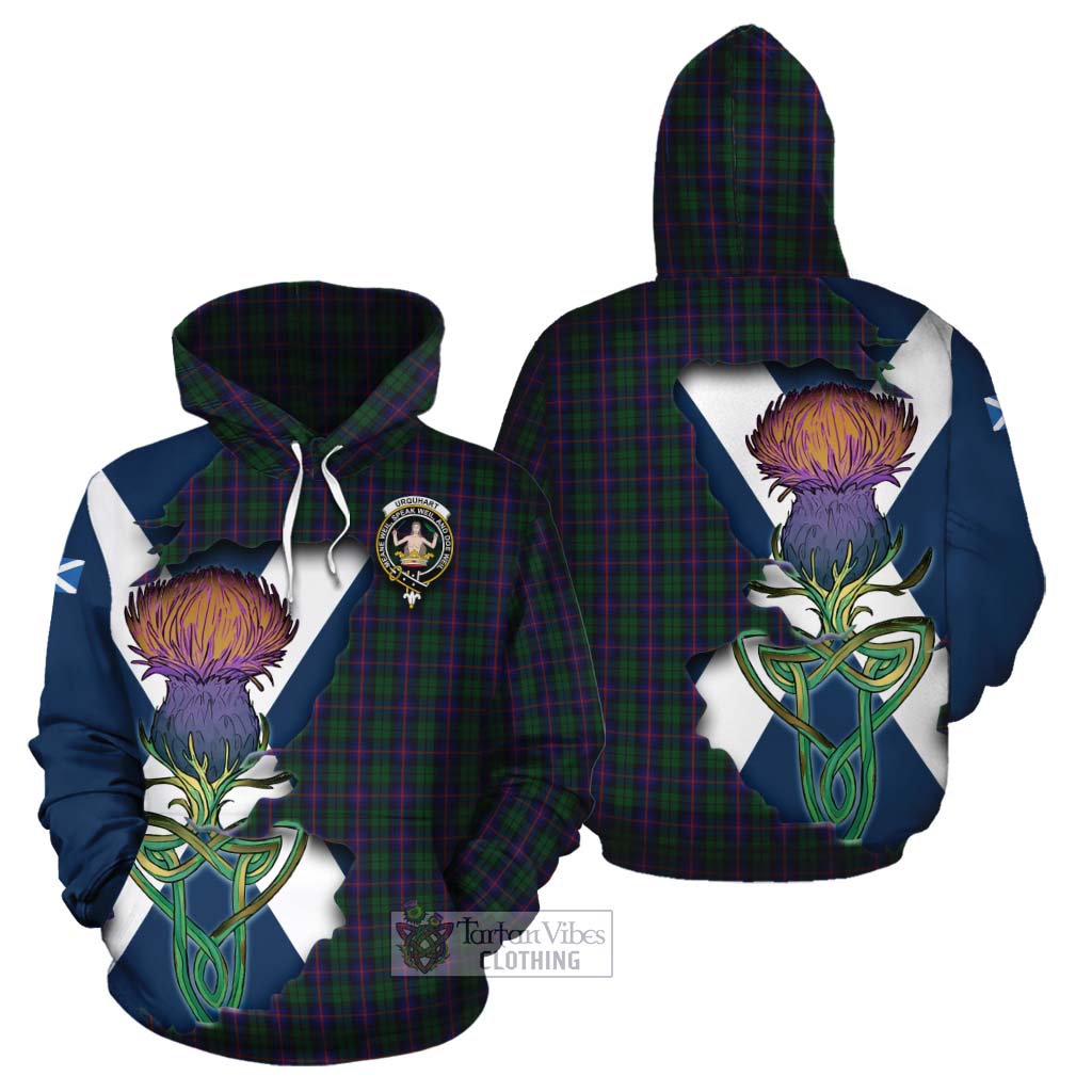Tartan Vibes Clothing Urquhart Tartan Family Crest Cotton Hoodie Scottish Thistle Celtic Inspired