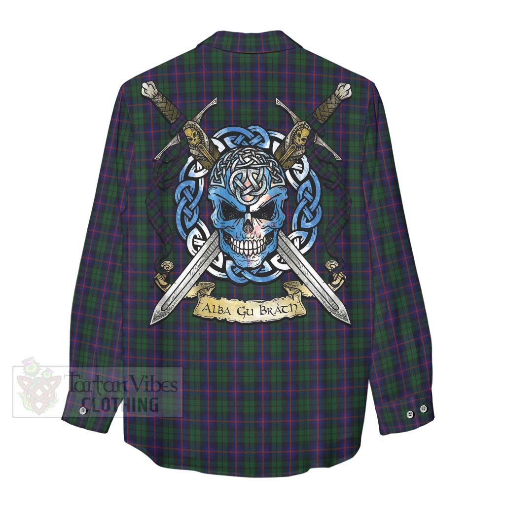 Tartan Vibes Clothing Urquhart Tartan Women's Casual Shirt with Family Crest Celtic Skull Style