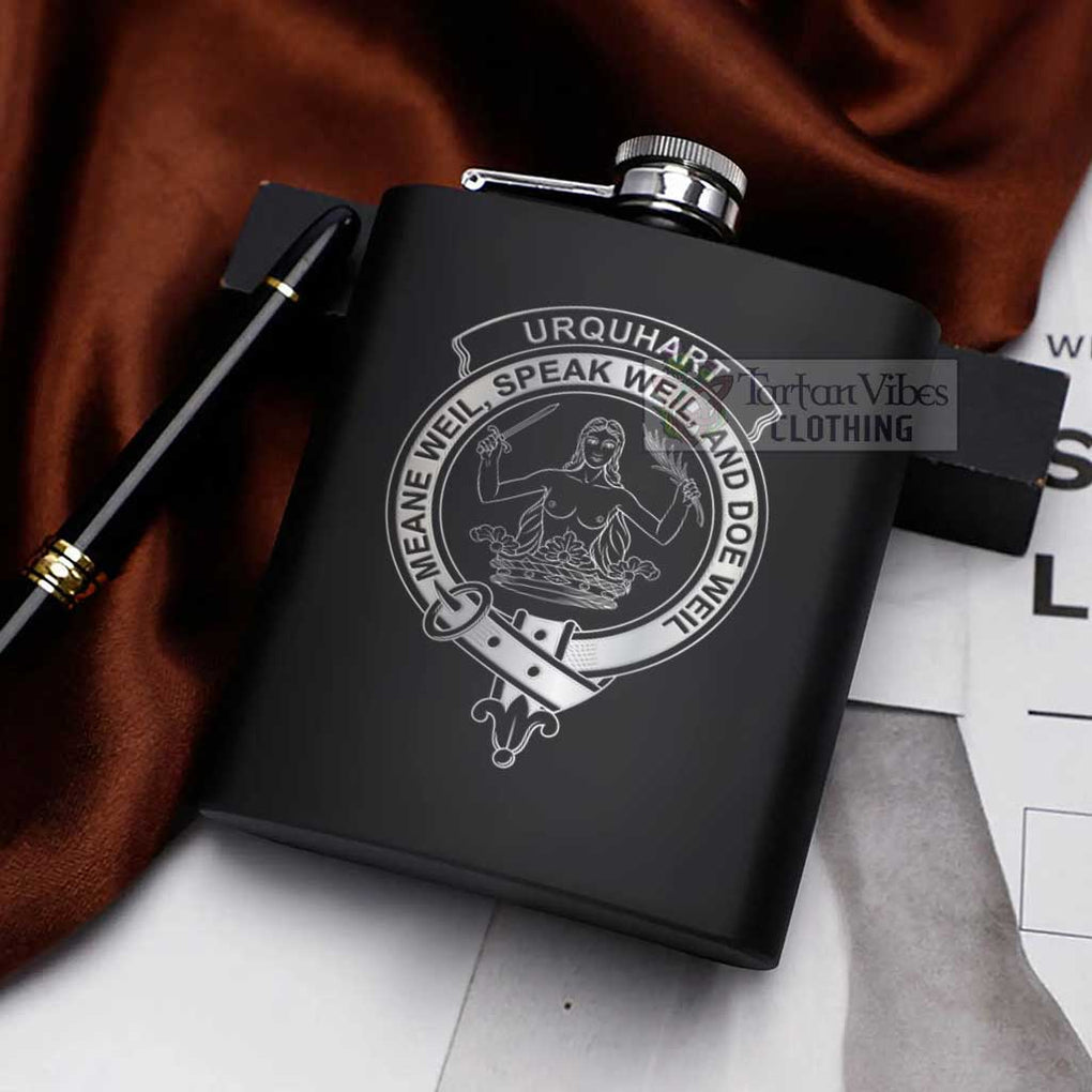 Tartan Vibes Clothing Urquhart Crest Hip Flask Set 7oz Black Stainless Steel with A Gift Box