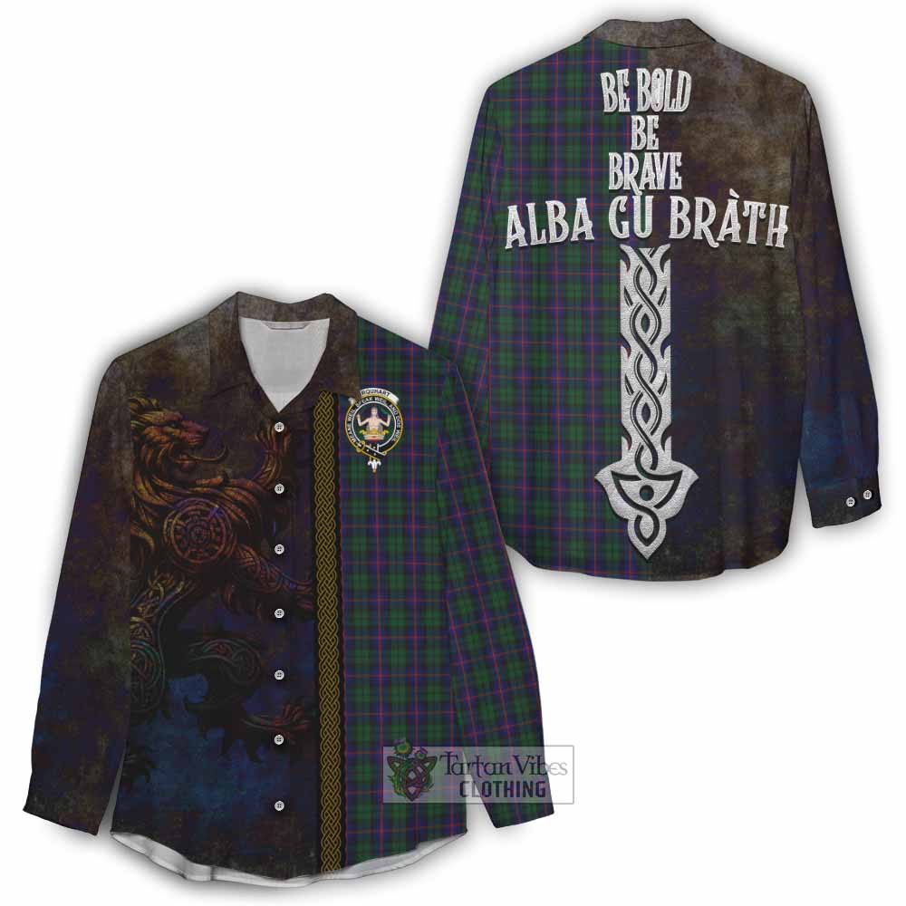 Tartan Vibes Clothing Urquhart Tartan Family Crest Women's Casual Shirt Alba Gu Brath Be Brave Lion Ancient Style