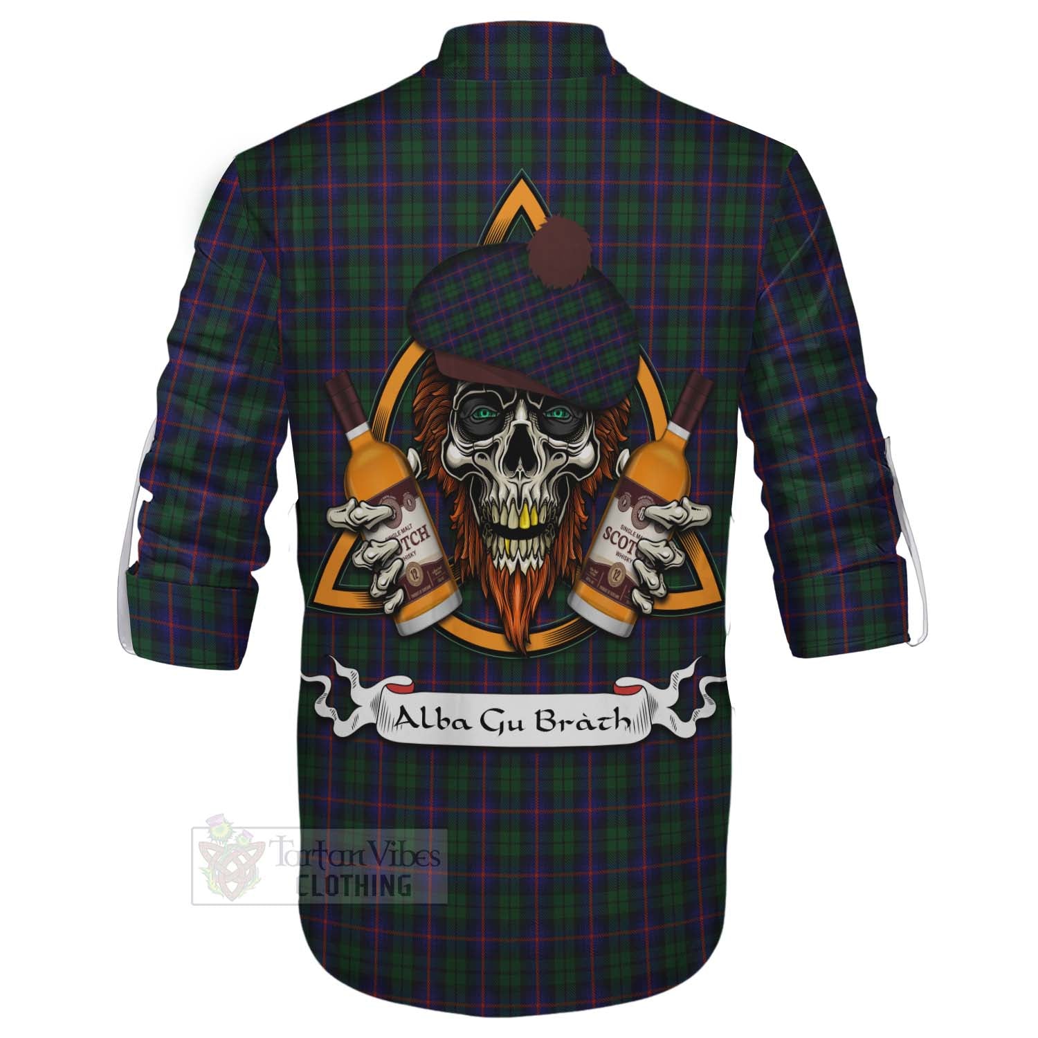 Tartan Vibes Clothing Urquhart Tartan Ghillie Kilt Shirt with Family Crest and Bearded Skull Holding Bottles of Whiskey