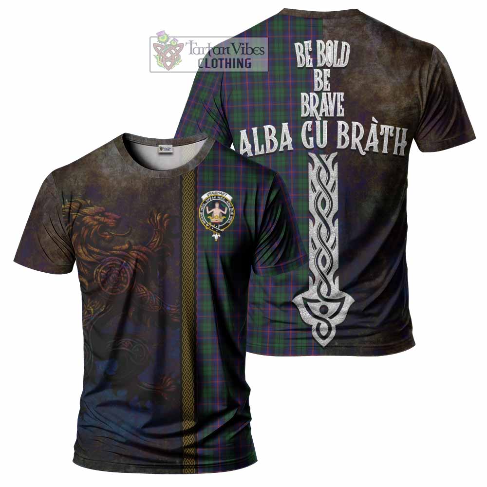 Tartan Vibes Clothing Urquhart Tartan Family Crest T-Shirt Alba Gu Brath Be Brave Lion Ancient Style