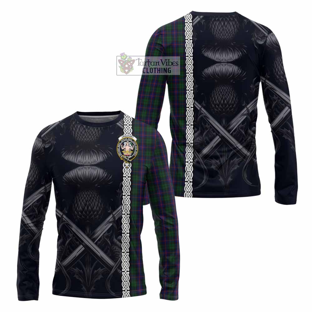Tartan Vibes Clothing Urquhart Tartan Long Sleeve T-Shirt with Family Crest Cross Sword Thistle Celtic Vibes