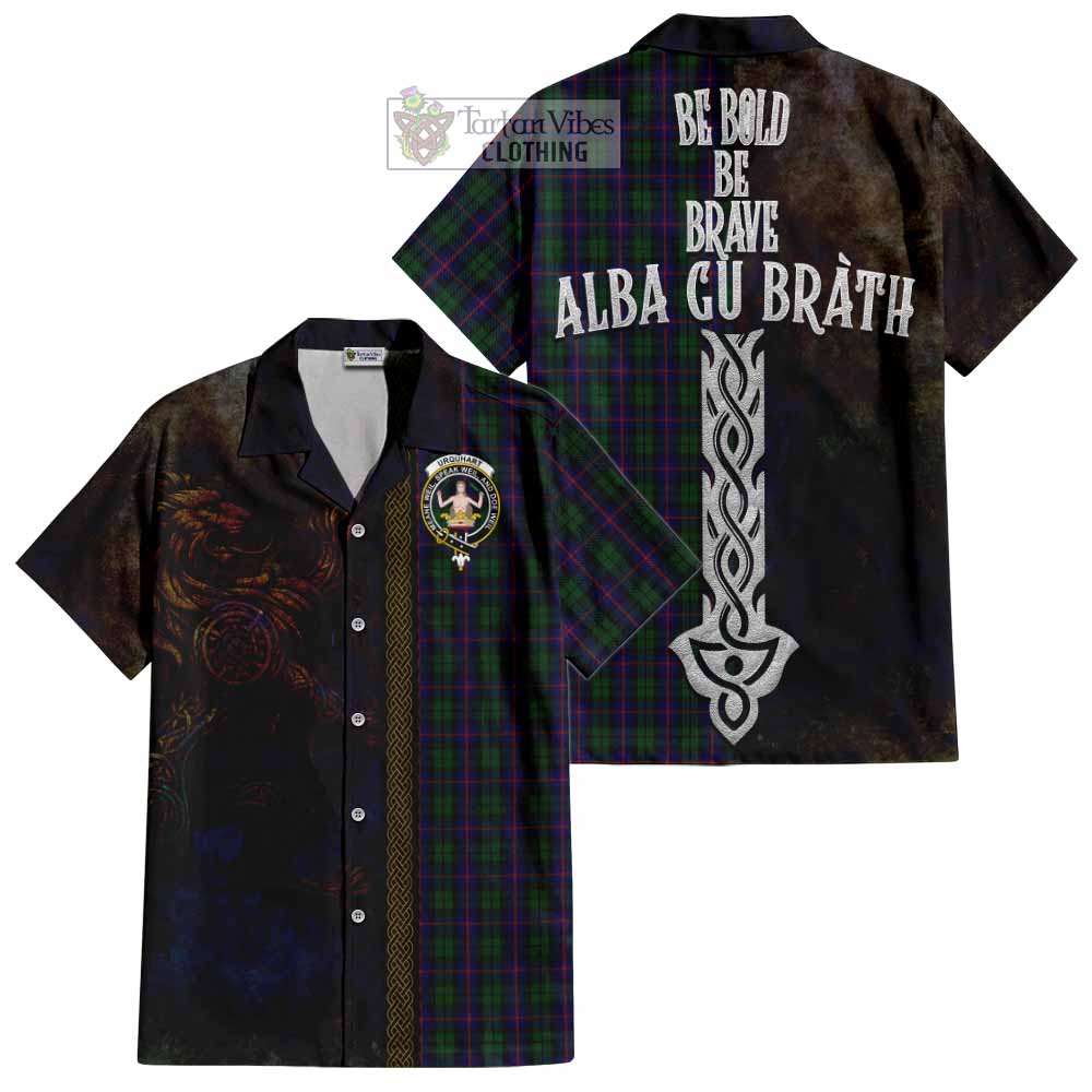 Tartan Vibes Clothing Urquhart Tartan Family Crest Short Sleeve Button Shirt Alba Gu Brath Be Brave Lion Ancient Style