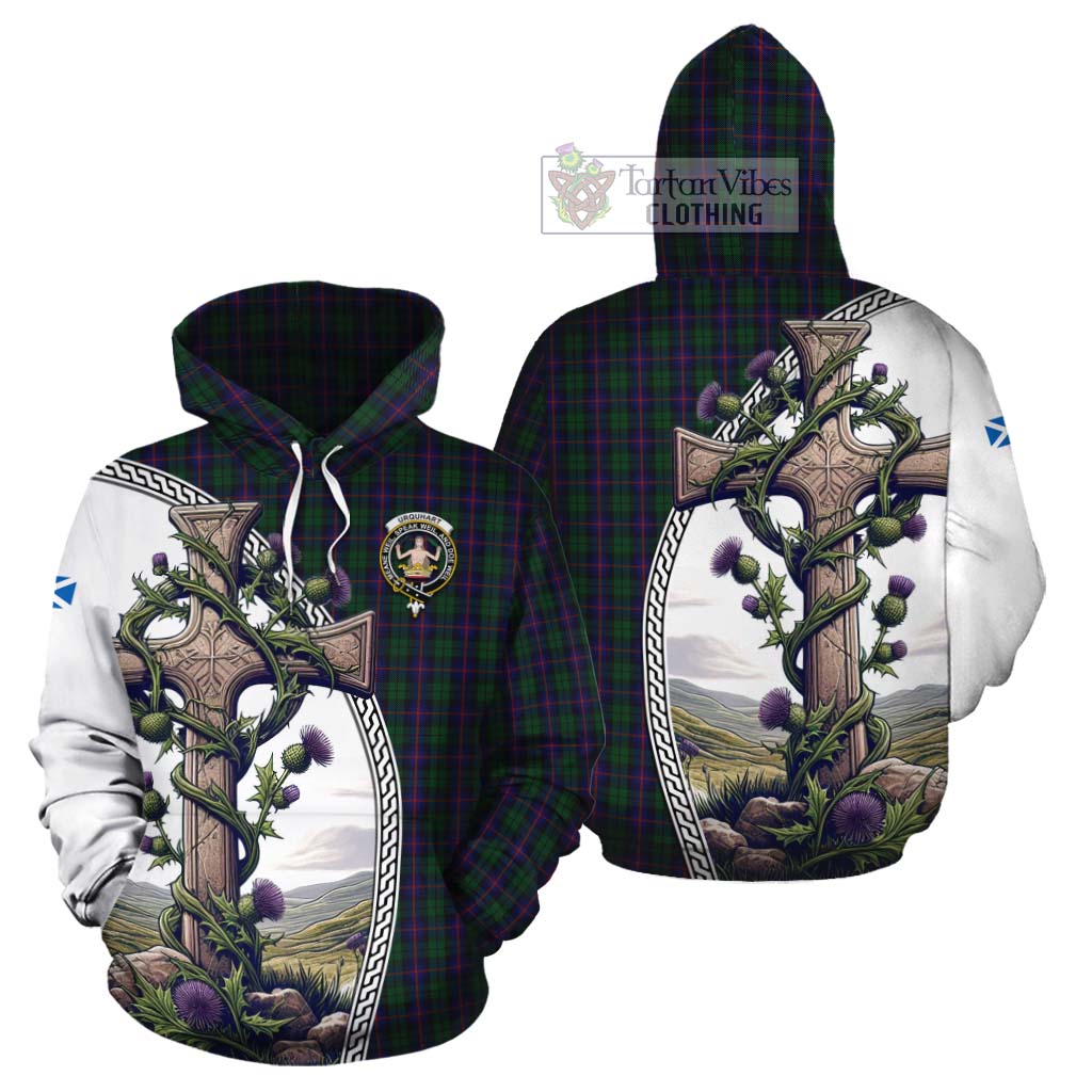 Tartan Vibes Clothing Urquhart Tartan Cotton Hoodie with Family Crest and St. Andrew's Cross Accented by Thistle Vines