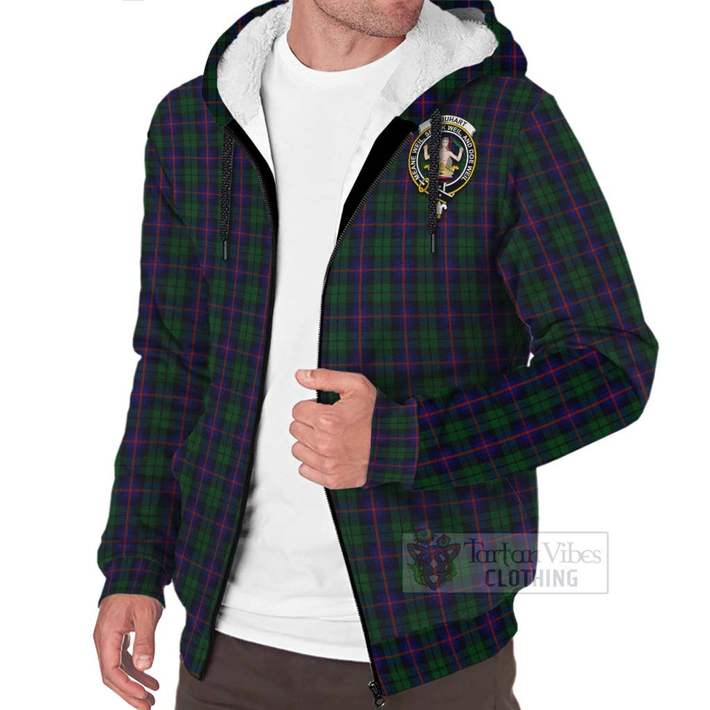 Tartan Vibes Clothing Urquhart Tartan Sherpa Hoodie with Family Crest and Bearded Skull Holding Bottles of Whiskey