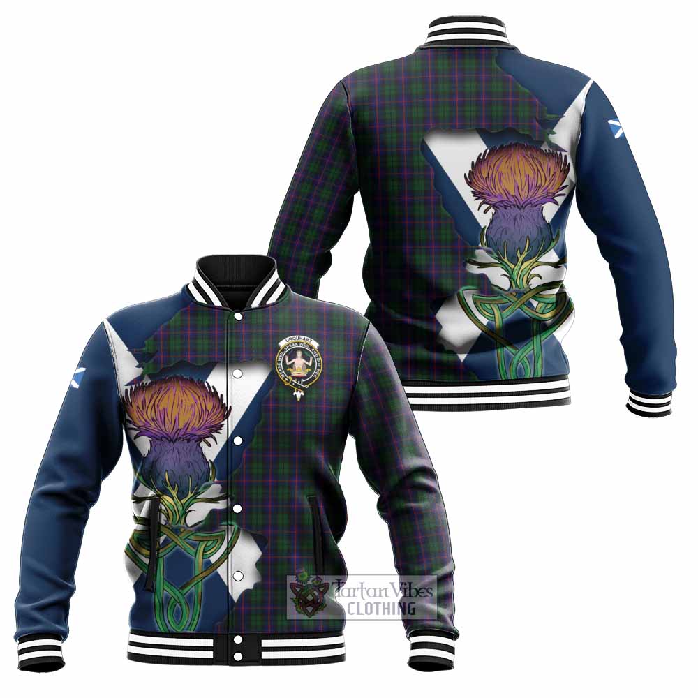 Tartan Vibes Clothing Urquhart Tartan Family Crest Baseball Jacket Scottish Thistle Celtic Inspired
