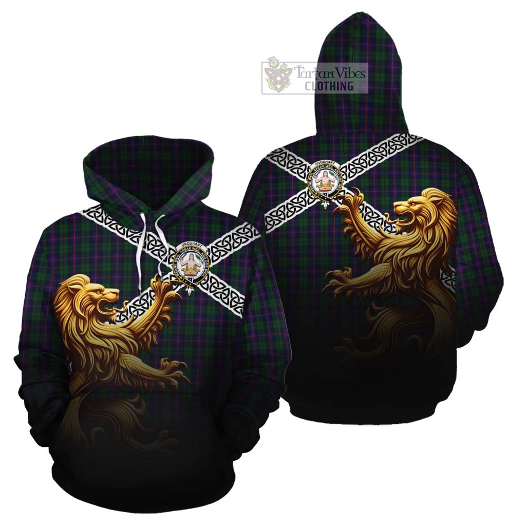 Tartan Vibes Clothing Urquhart Crest Tartan Cotton Hoodie with Golden Lion Emblem Celtic Style