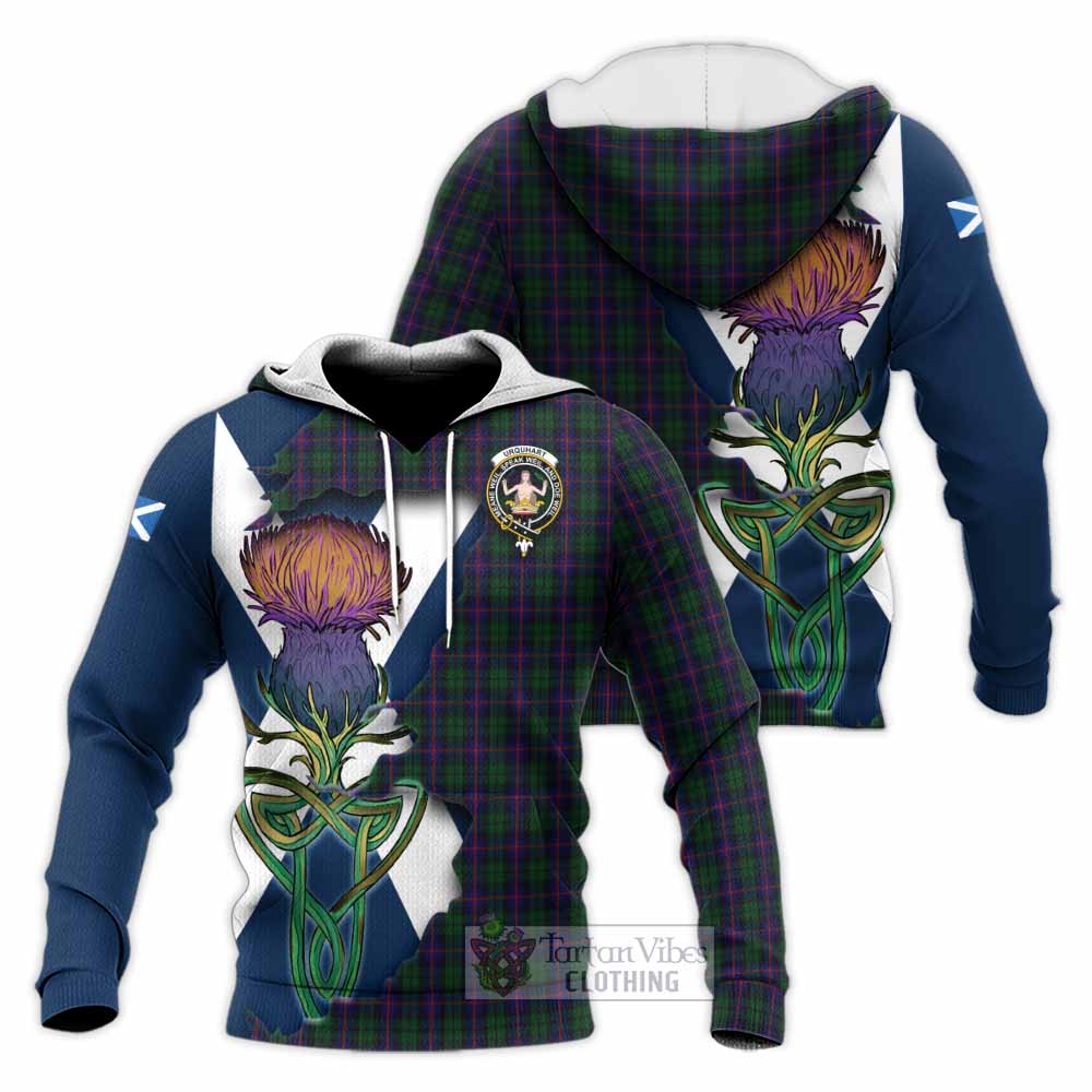 Tartan Vibes Clothing Urquhart Tartan Family Crest Knitted Hoodie Scottish Thistle Celtic Inspired
