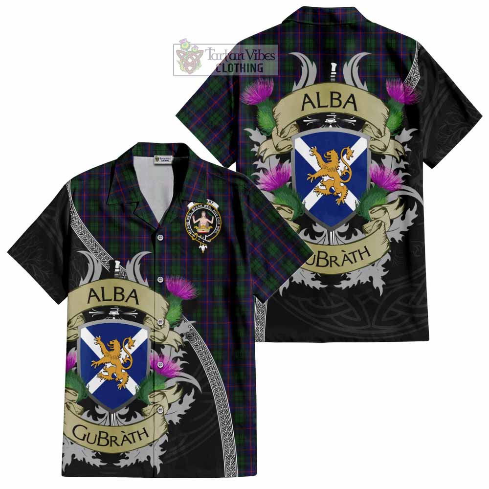 Tartan Vibes Clothing Urquhart Tartan Family Crest Short Sleeve Button Shirt Lion Rampant Royal Thistle Shield Celtic Inspired