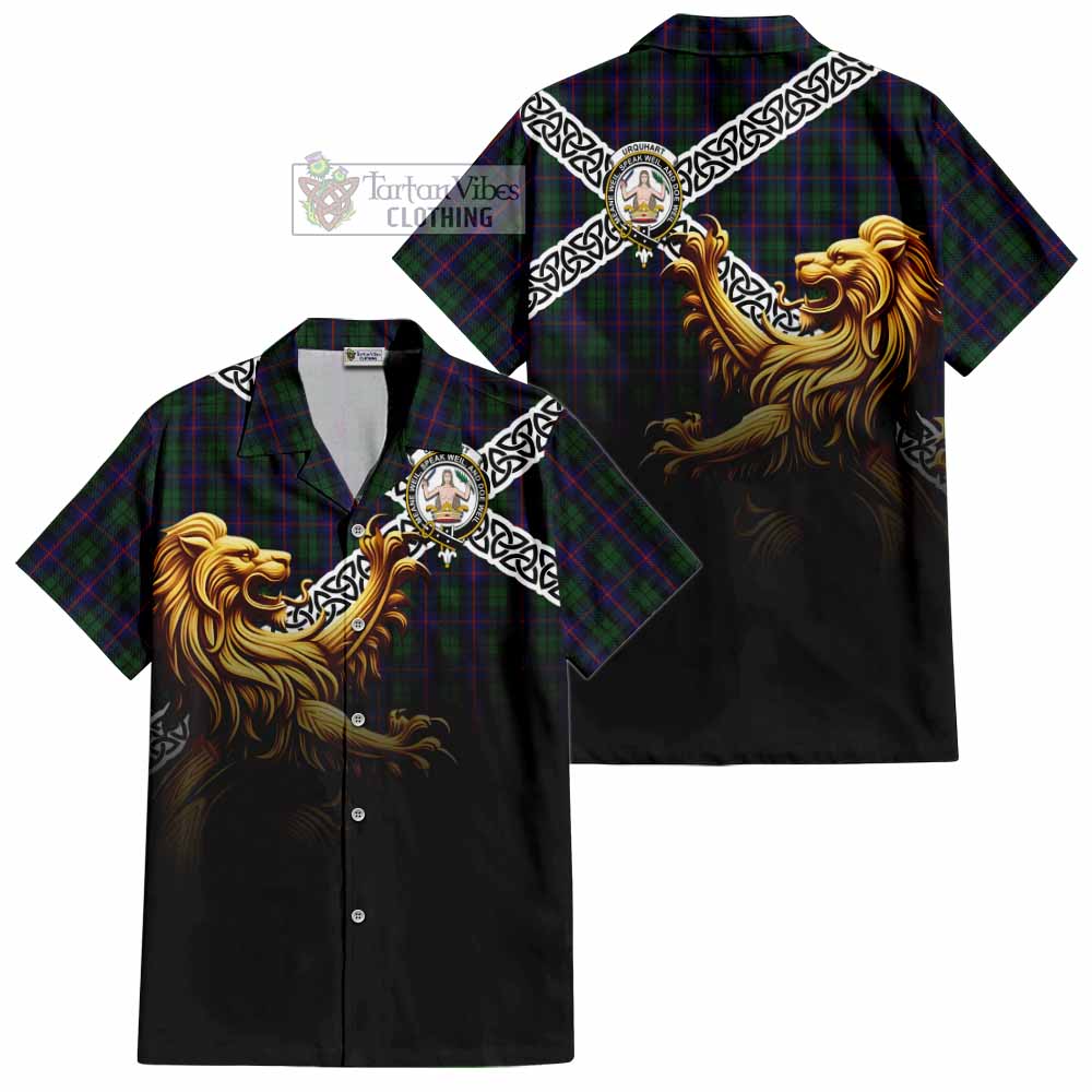 Tartan Vibes Clothing Urquhart Crest Tartan Short Sleeve Button Shirt with Golden Lion Emblem Celtic Style