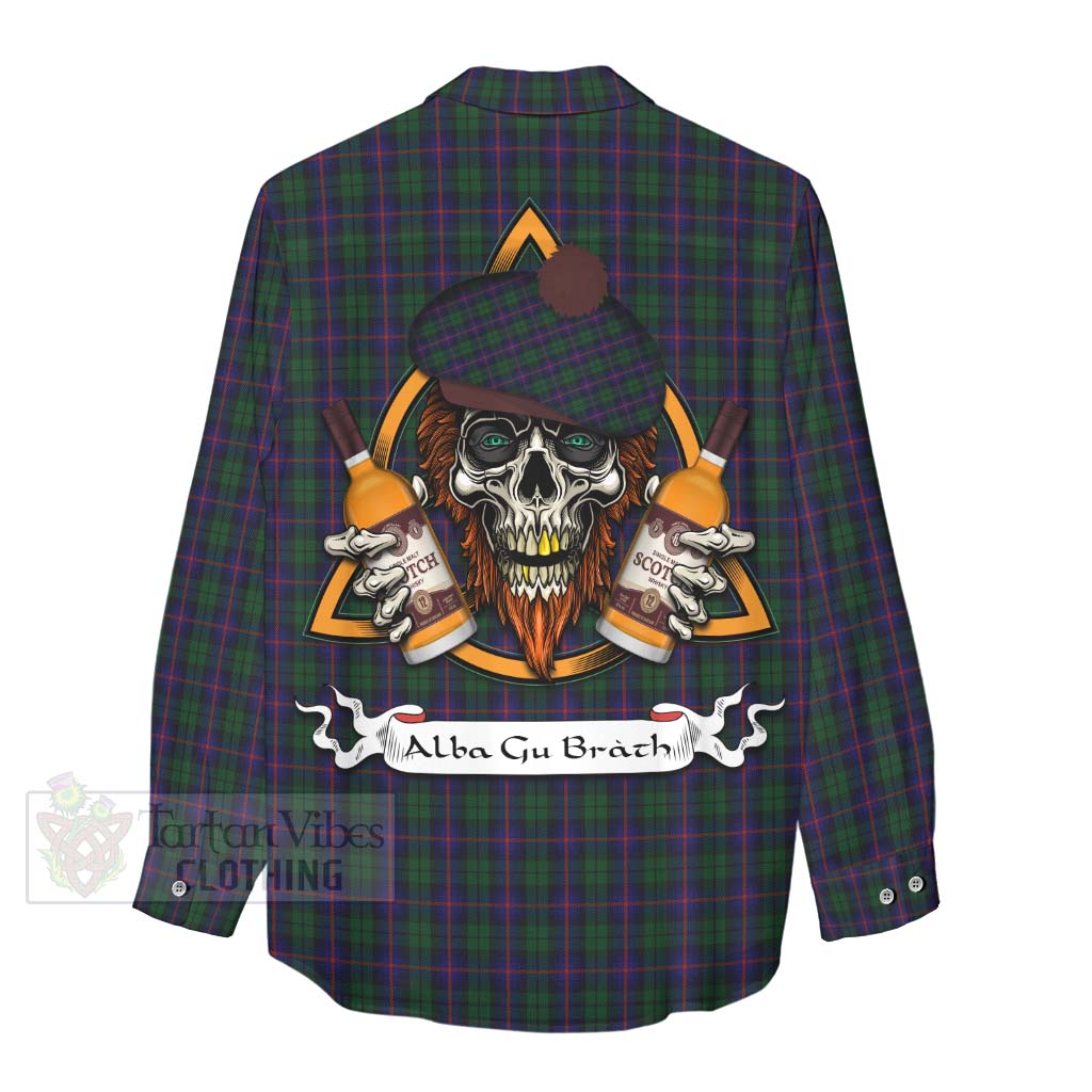 Tartan Vibes Clothing Urquhart Tartan Women's Casual Shirt with Family Crest and Bearded Skull Holding Bottles of Whiskey