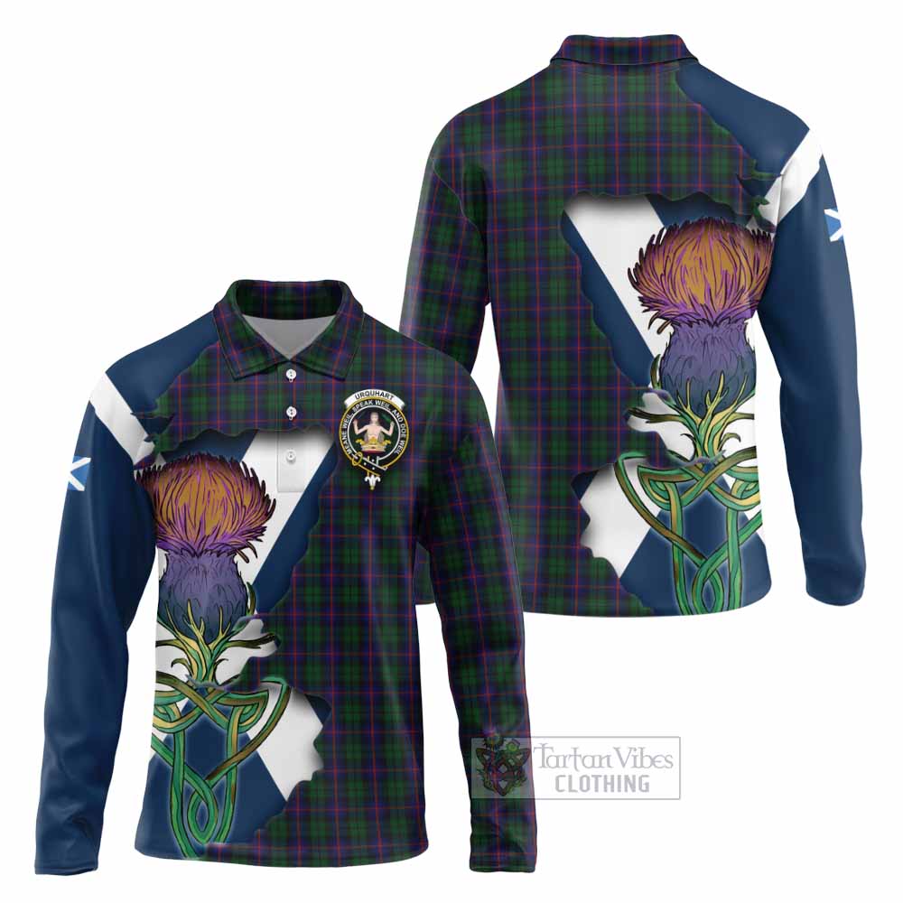 Tartan Vibes Clothing Urquhart Tartan Family Crest Long Sleeve Polo Shirt Scottish Thistle Celtic Inspired