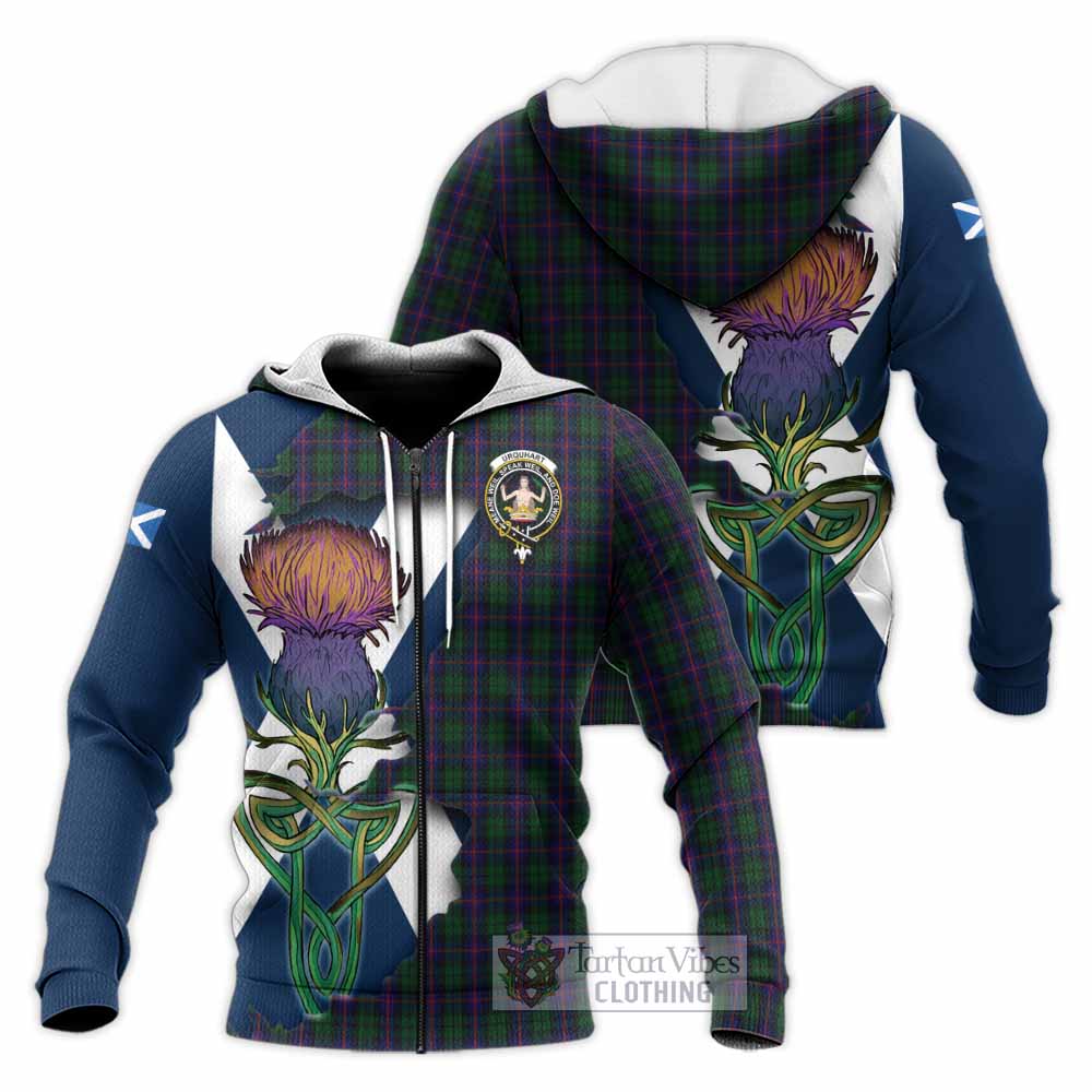 Tartan Vibes Clothing Urquhart Tartan Family Crest Knitted Hoodie Scottish Thistle Celtic Inspired