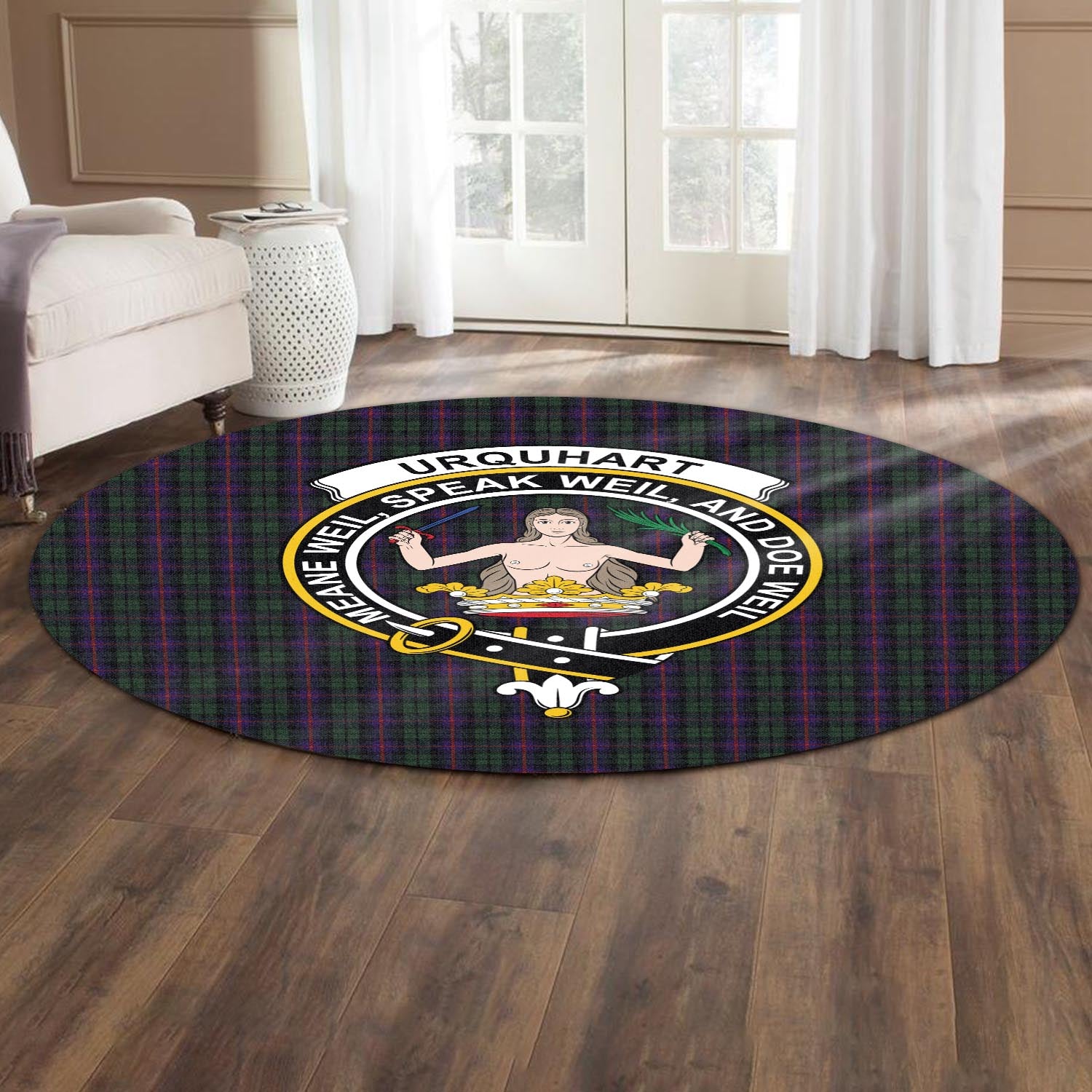 urquhart-tartan-round-rug-with-family-crest
