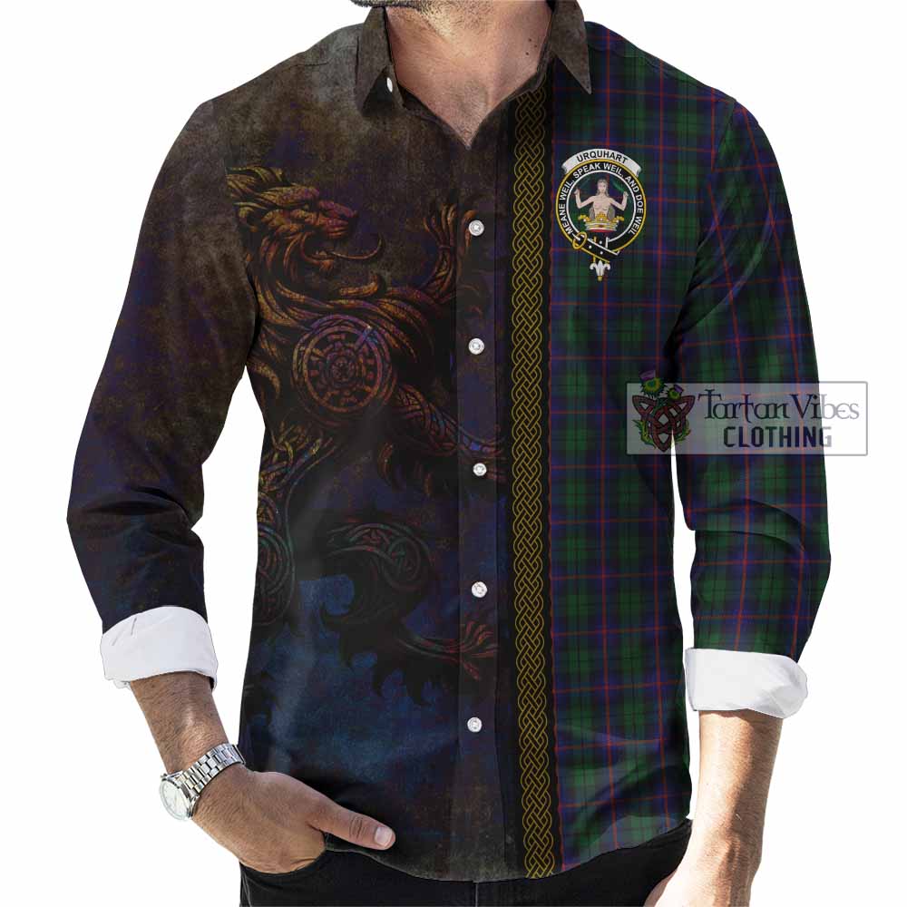 Tartan Vibes Clothing Urquhart Tartan Family Crest Long Sleeve Button Shirt Alba Gu Brath Be Brave Lion Ancient Style