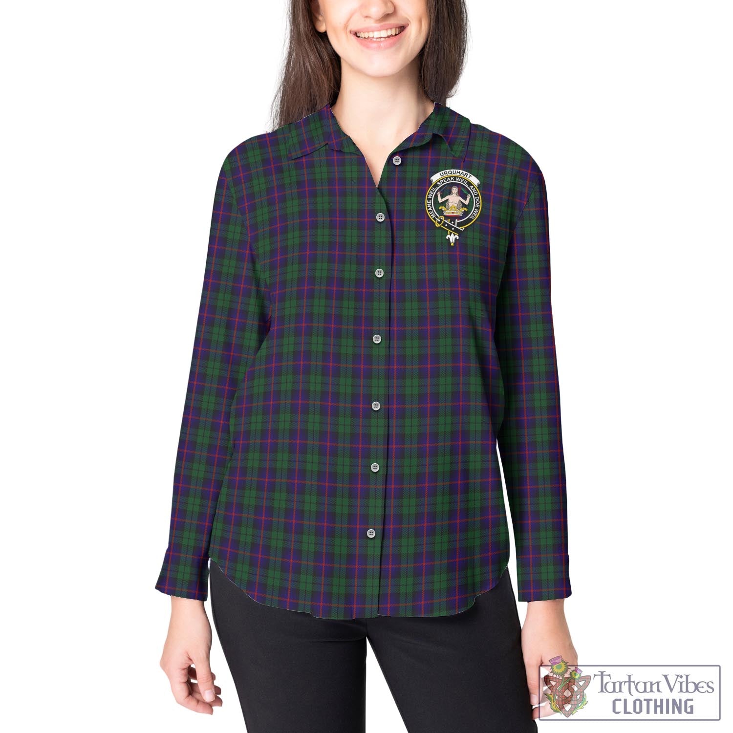 Tartan Vibes Clothing Urquhart Tartan Womens Casual Shirt with Family Crest