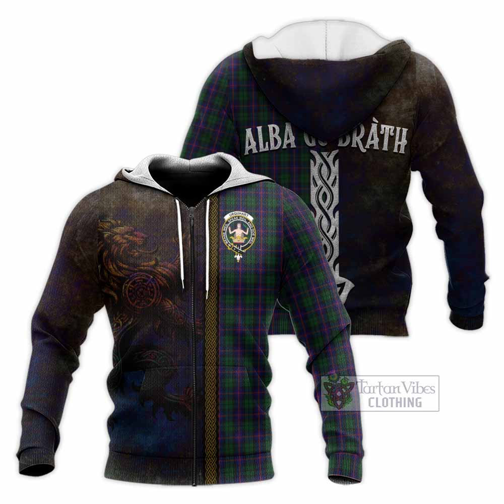 Tartan Vibes Clothing Urquhart Tartan Family Crest Knitted Hoodie Alba Gu Brath Be Brave Lion Ancient Style