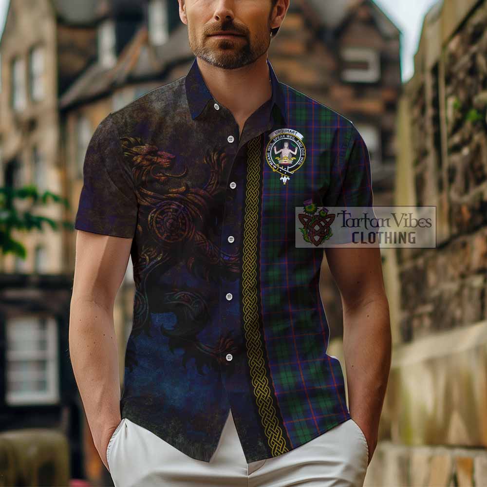 Tartan Vibes Clothing Urquhart Tartan Family Crest Short Sleeve Button Shirt Alba Gu Brath Be Brave Lion Ancient Style