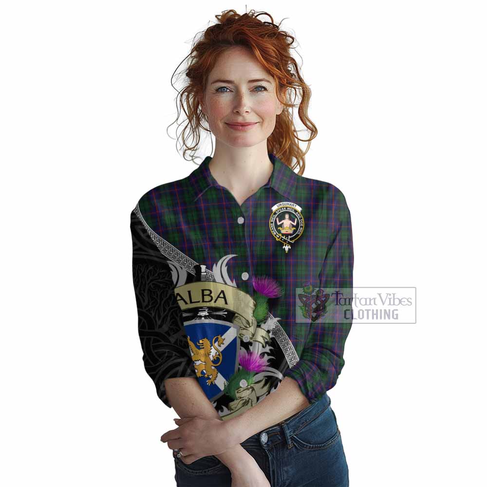 Tartan Vibes Clothing Urquhart Tartan Family Crest Women's Casual Shirt Lion Rampant Royal Thistle Shield Celtic Inspired