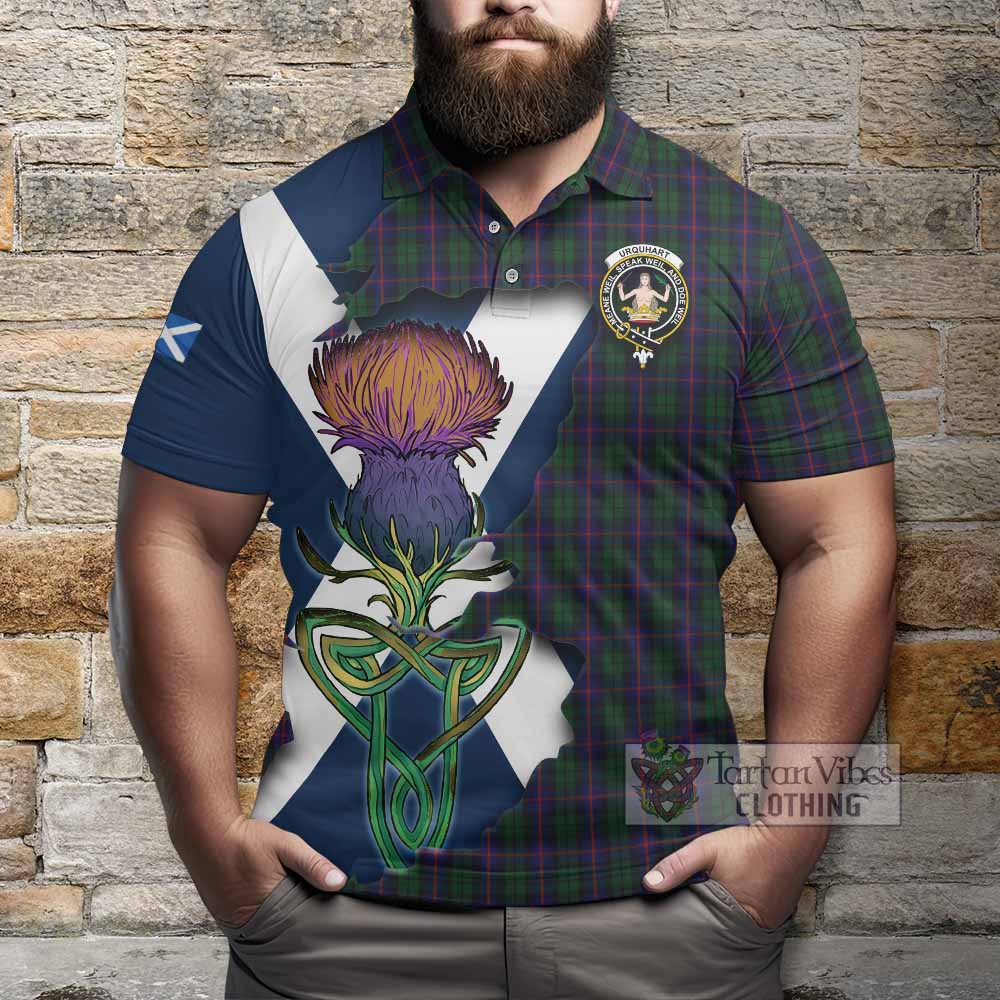 Tartan Vibes Clothing Urquhart Tartan Family Crest Polo Shirt Scottish Thistle Celtic Inspired