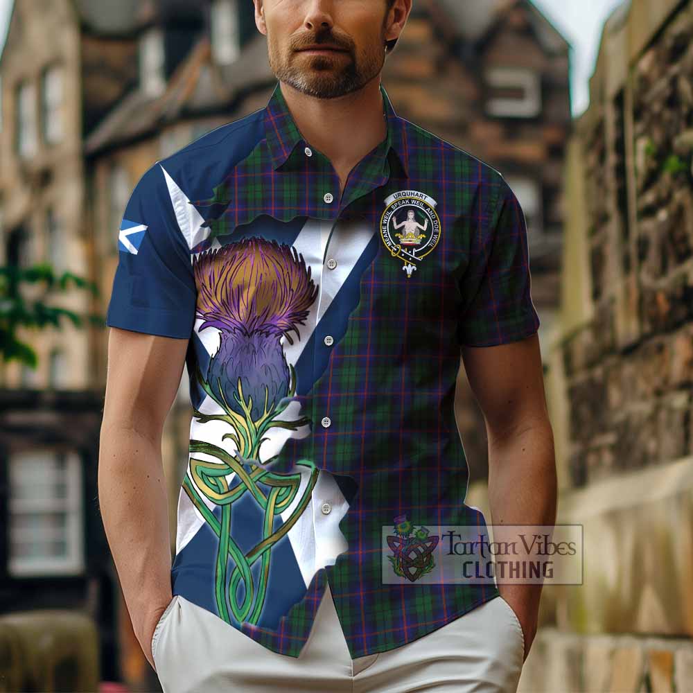 Tartan Vibes Clothing Urquhart Tartan Family Crest Short Sleeve Button Shirt Scottish Thistle Celtic Inspired