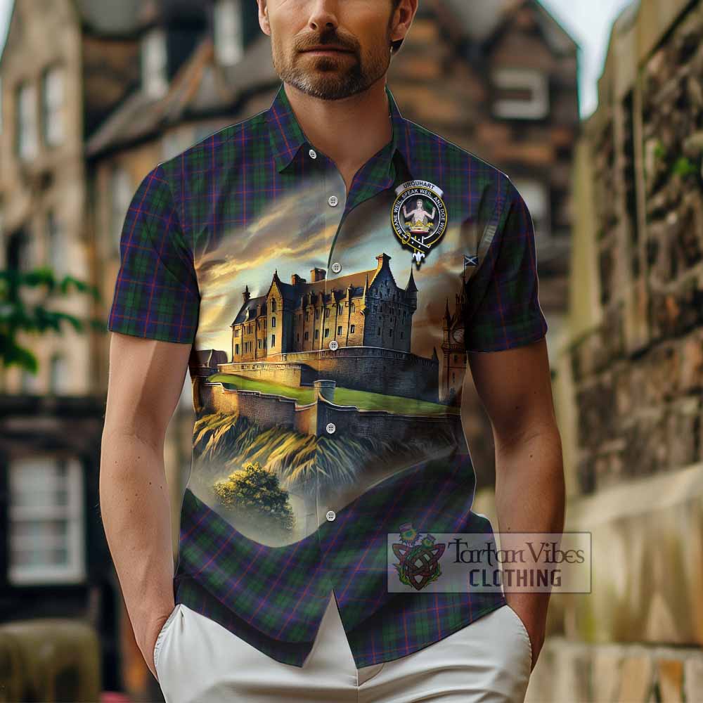 Tartan Vibes Clothing Urquhart Tartan Family Crest Short Sleeve Button Shirt with Scottish Ancient Castle Style