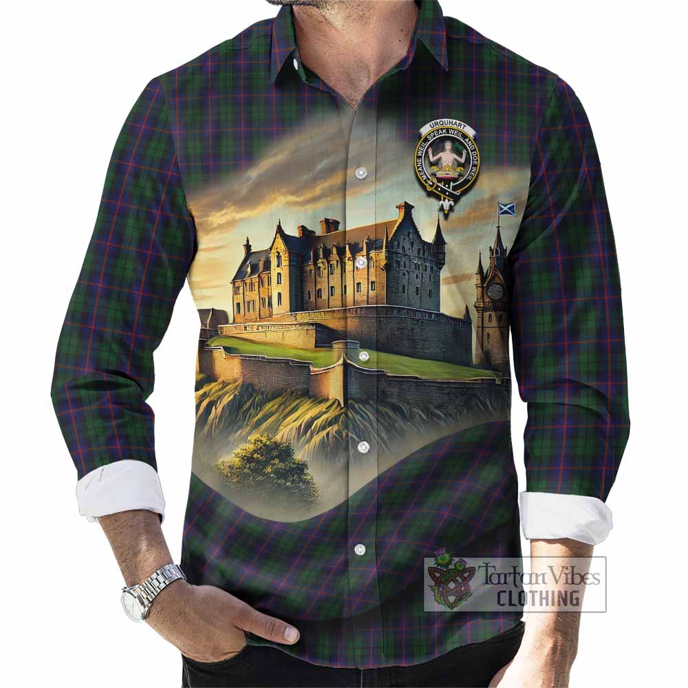 Tartan Vibes Clothing Urquhart Tartan Family Crest Long Sleeve Button Shirt with Scottish Ancient Castle Style