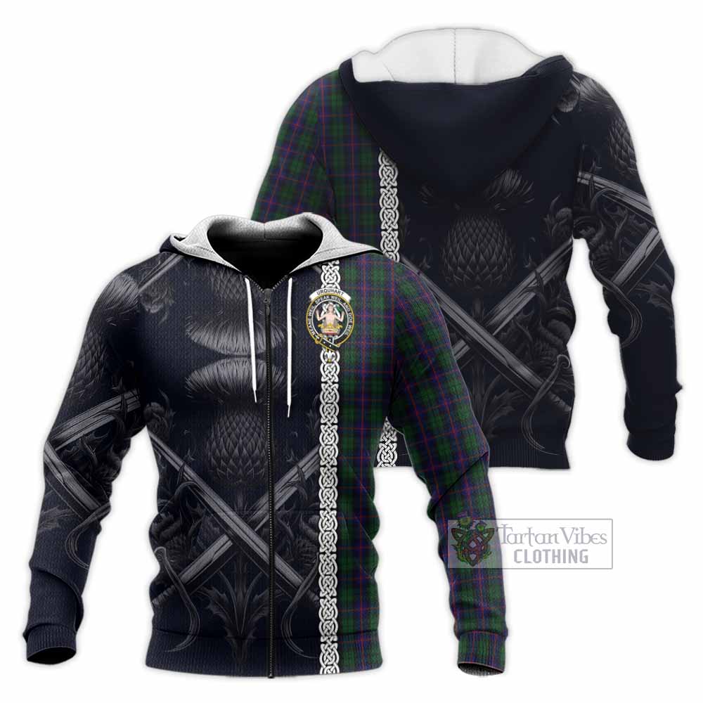 Tartan Vibes Clothing Urquhart Tartan Knitted Hoodie with Family Crest Cross Sword Thistle Celtic Vibes