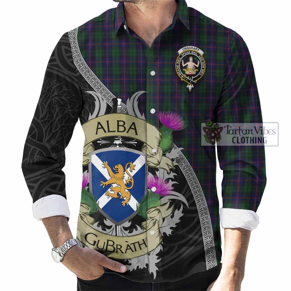 Tartan Vibes Clothing Urquhart Tartan Family Crest Long Sleeve Button Shirt Lion Rampant Royal Thistle Shield Celtic Inspired