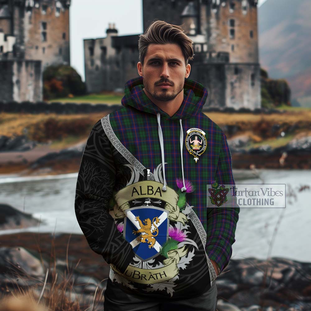 Tartan Vibes Clothing Urquhart Tartan Family Crest Cotton Hoodie Lion Rampant Royal Thistle Shield Celtic Inspired