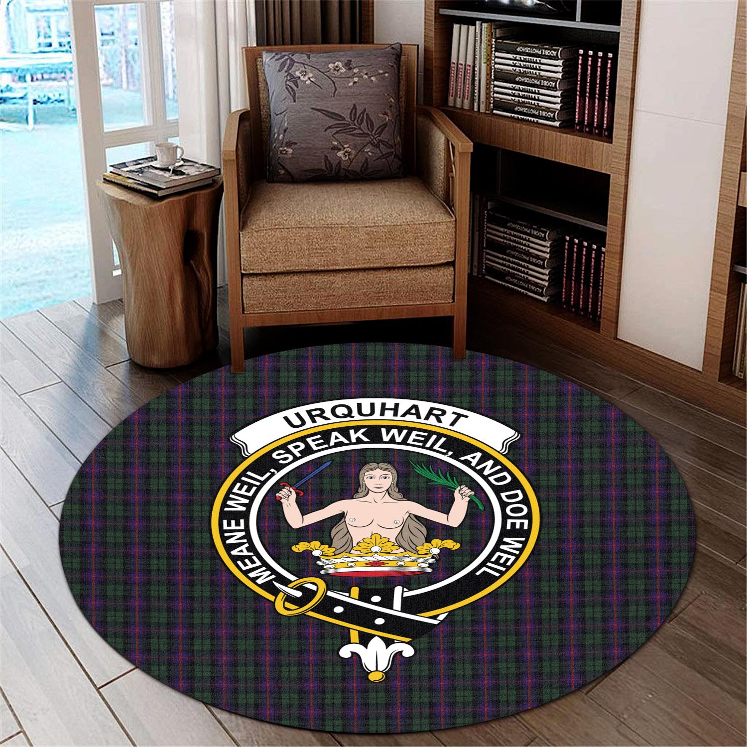 urquhart-tartan-round-rug-with-family-crest