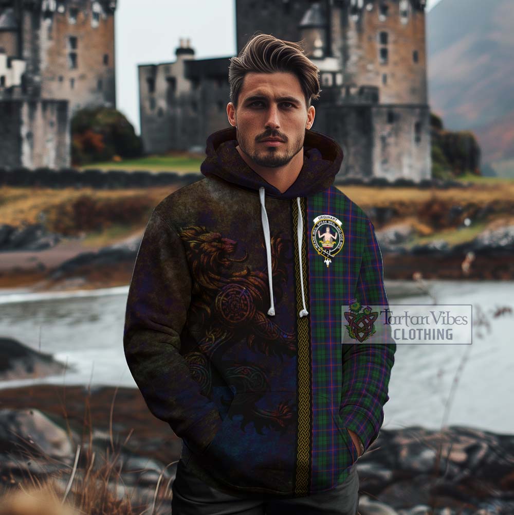 Tartan Vibes Clothing Urquhart Tartan Family Crest Cotton Hoodie Alba Gu Brath Be Brave Lion Ancient Style