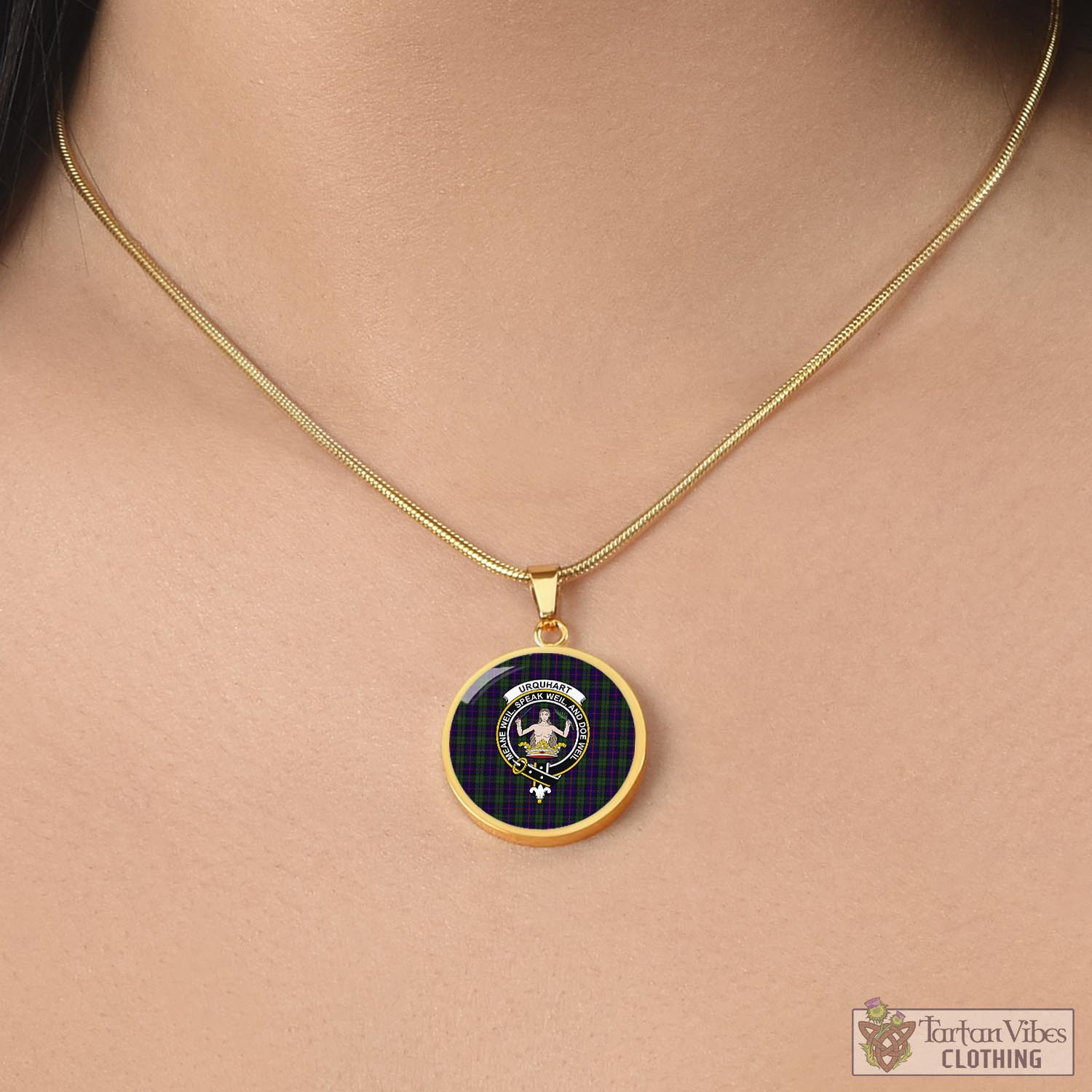 Tartan Vibes Clothing Urquhart Tartan Circle Necklace with Family Crest