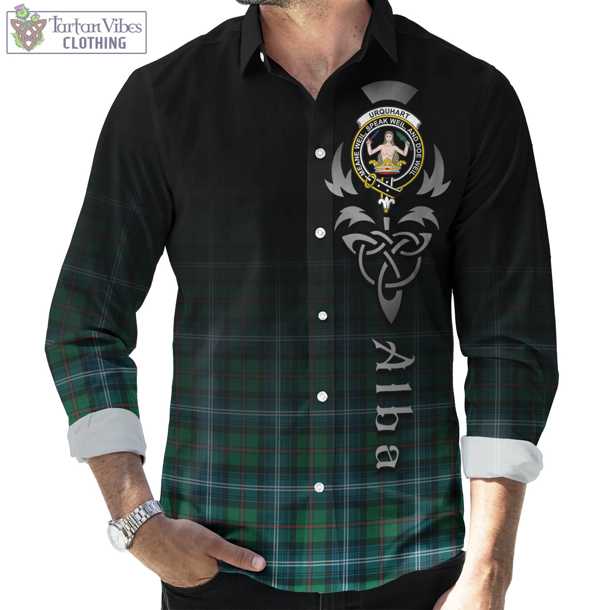 Tartan Vibes Clothing Urquhart Ancient Tartan Long Sleeve Button Up Featuring Alba Gu Brath Family Crest Celtic Inspired