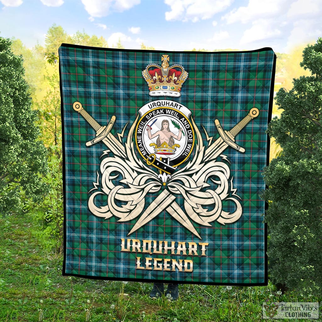 Tartan Vibes Clothing Urquhart Ancient Tartan Quilt with Clan Crest and the Golden Sword of Courageous Legacy