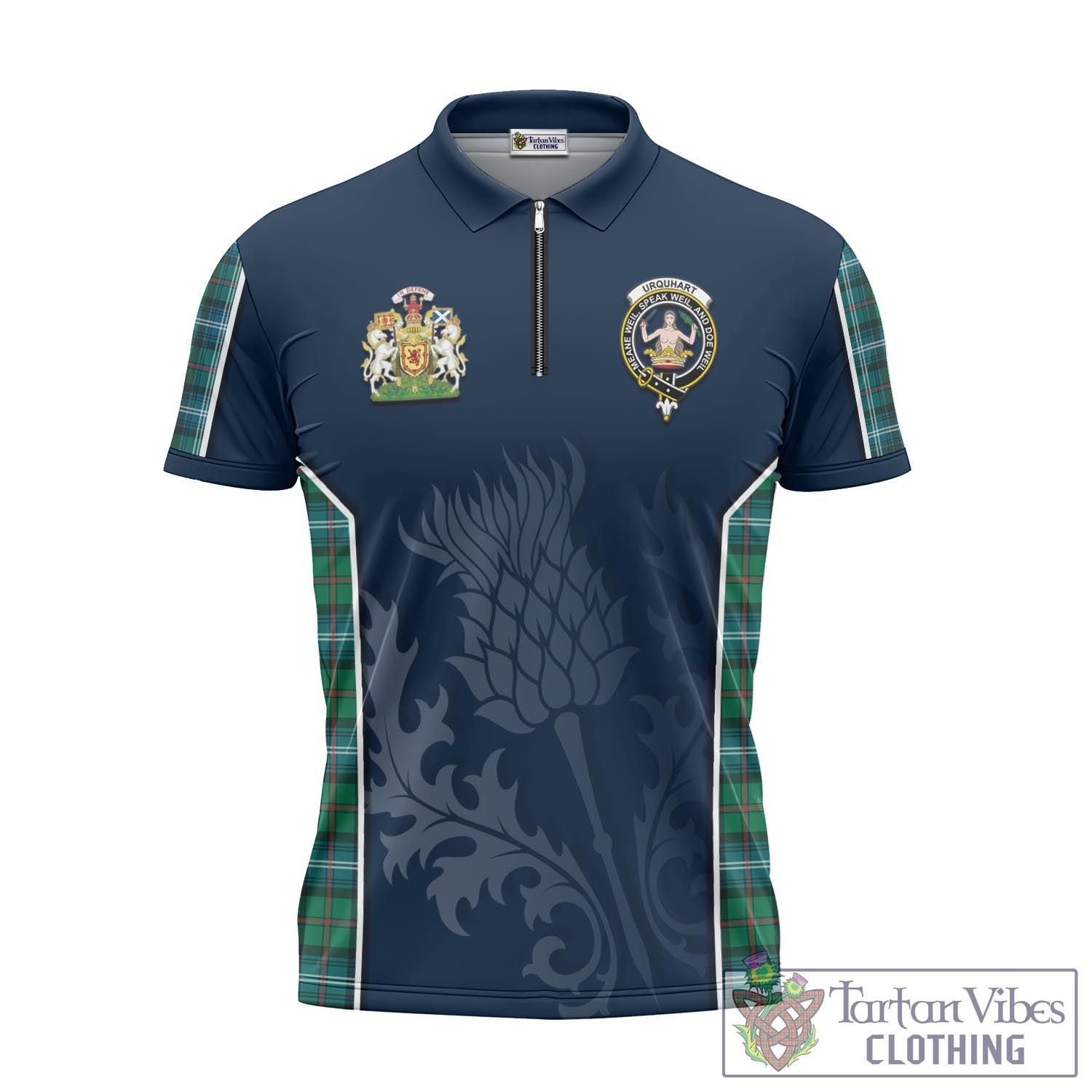 Tartan Vibes Clothing Urquhart Ancient Tartan Zipper Polo Shirt with Family Crest and Scottish Thistle Vibes Sport Style